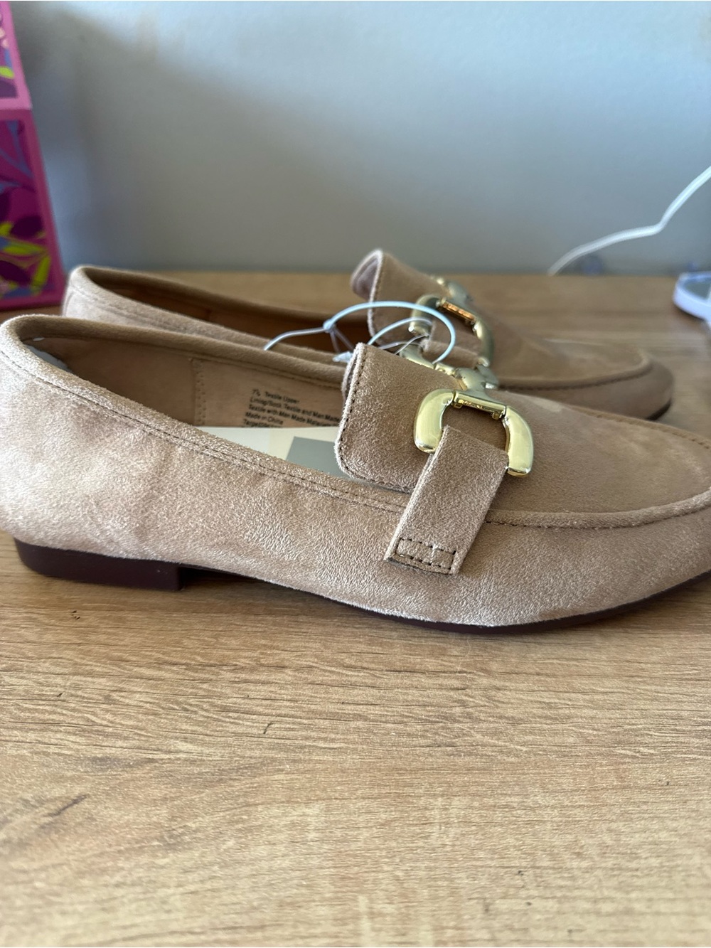 Target Tan Suede Slip-On Loafers with Gold Buckle